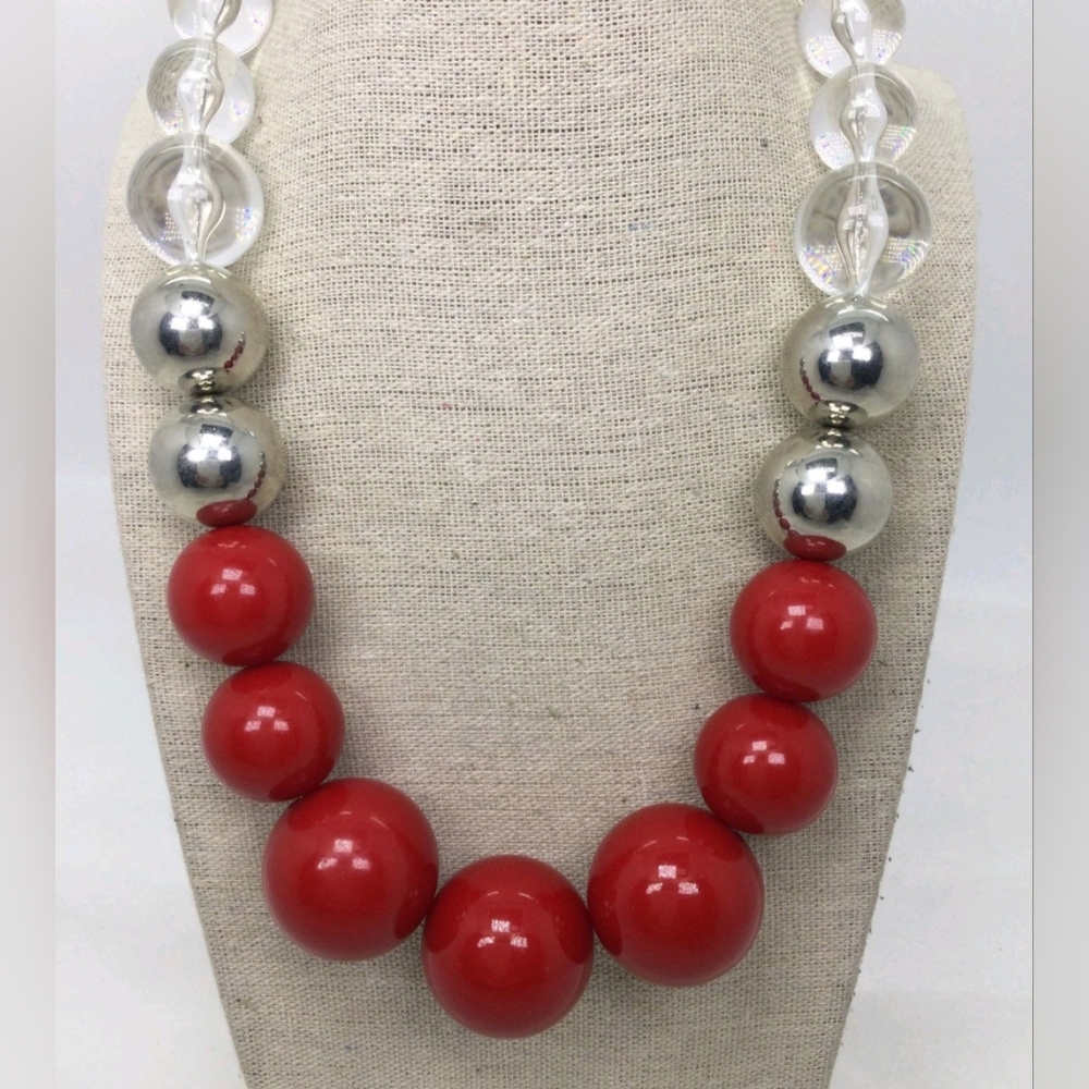 Graziano Red Clear & Silver Chunky Beads Necklace 18" EUC